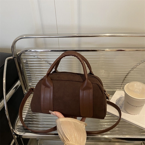 Bolso de Mano Boston de Antelina Vintage para Mujer Bolso de Hombro Minimalista Con Correa Ajustable Color Sólido Bolso Diario