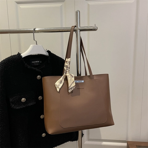 Fashion Large Capacity PU Leather Tote Bag For Women With Satin Scarf Decor Elegant Commuting Shoulder Bag