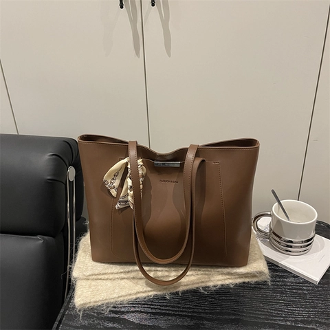 Fashion Large Capacity PU Leather Tote Bag For Women With Satin Scarf Decor Elegant Commuting Shoulder Bag