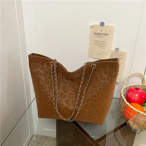 Damen Leopardenmuster Tragetasche Große Kapazität PU Leder Umhängetasche Mit Goldener Kette Lässig Handtasche