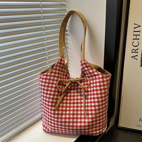 Sac Fourre-tout Retro en Suédine pour Femmes Grande Capacité Sac à Épaule Avec Nœud Doublure Écossaise Sac à Main Décontracté
