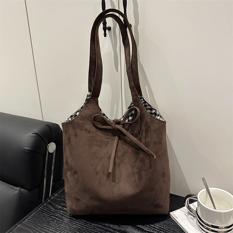 Sac Fourre-tout Retro en Suédine pour Femmes Grande Capacité Sac à Épaule Avec Nœud Doublure Écossaise Sac à Main Décontracté