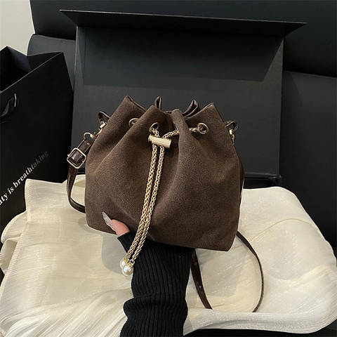Elegante Beuteltasche Damen Aus Mattem Wildlederimitat Mit Kordelzug Aus Goldkette Und Künstliche Perlen Schultertasche Umhängetasche