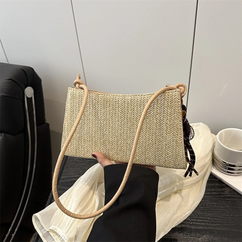 Women Woven Underarm Bag Minimalist Herringbone Pattern Shoulder Bag Fashion Solid Color Handbag With Knot Strap Elegant Purse