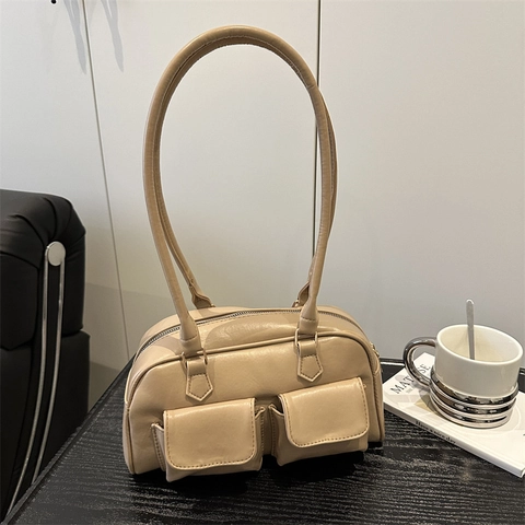 Borsa a Spalla da Donna in Pelle PU Retro Design a Doppia Tasca Tinta Unita Chic Borsa Sottobraccio Moda Pendolare