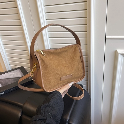 Matte Suede Tote Bag Retro Women Shoulder Crossbody Handbag With Golden Hardware Zipper Closure Minimalist Urban Style