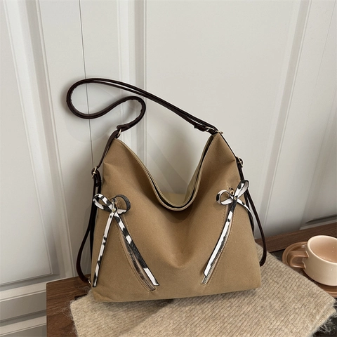 Women Fashion Large Capacity Tote Bag Canvas Hobo Shoulder Bag With Bow Decoration Zipper Casual Commuter Handbag