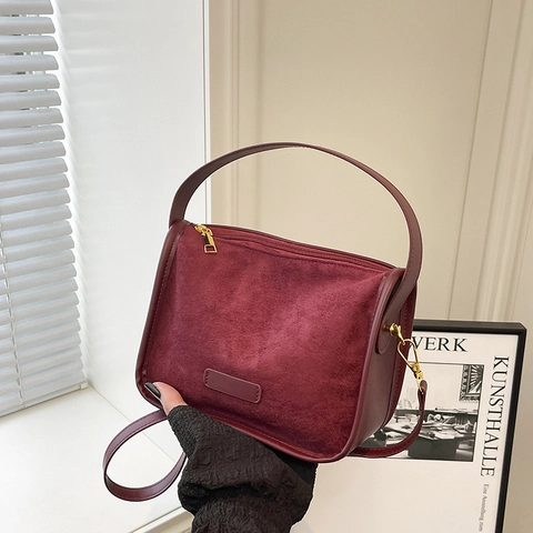 Matte Suede Tote Bag Retro Women Shoulder Crossbody Handbag With Golden Hardware Zipper Closure Minimalist Urban Style