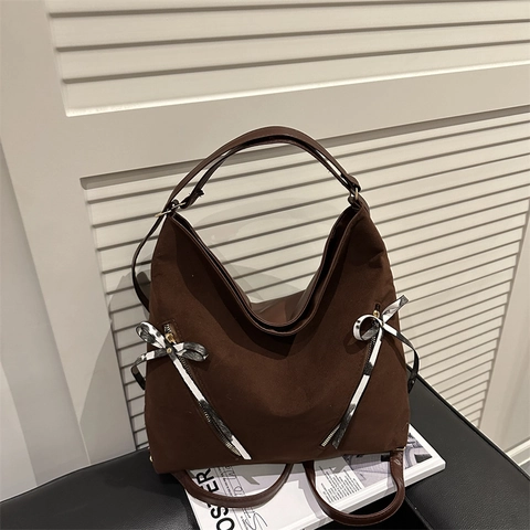 Women Fashion Large Capacity Tote Bag Canvas Hobo Shoulder Bag With Bow Decoration Zipper Casual Commuter Handbag
