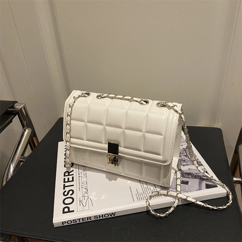 Gewatteerde Schoudertas Voor Dames PU Leer Ruitpatroon Metalen Kettingriem Crossbodytas Casual Mode Handtas