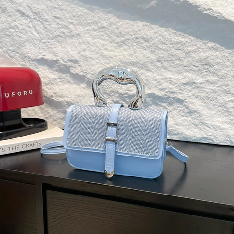 Women Fashion Woven Patchwork Shoulder Bag Metallic Irregular Handle Crossbody Bag Simple Small Square Handbag For Daily Party