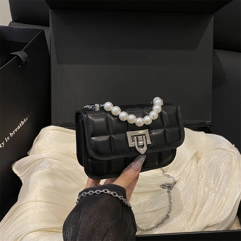 Fashion Plaid Quilted Mini Shoulder Bag For Women PU Leather Faux Artificial Pearl Handle Square Bag Small Chain Crossbody Purse
