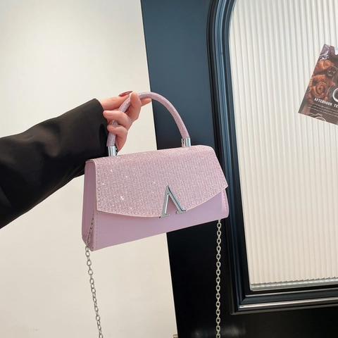 Borsa a Tracolla Piccola Quadrata da Donna Con Patta in Paillettes Luccicanti Elegante Borsa in Pelle PU Con Manico in Metallo