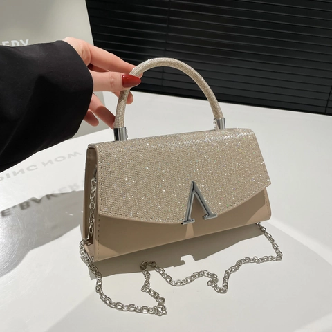 Borsa a Tracolla Piccola Quadrata da Donna Con Patta in Paillettes Luccicanti Elegante Borsa in Pelle PU Con Manico in Metallo