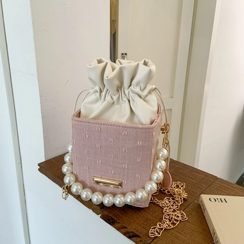 Damen Mini Perlen Griff Eimer Tasche PU Leder Denim Textur Kordelzug Umhängetasche Mit Goldener Kette Elegant Party Handtasche