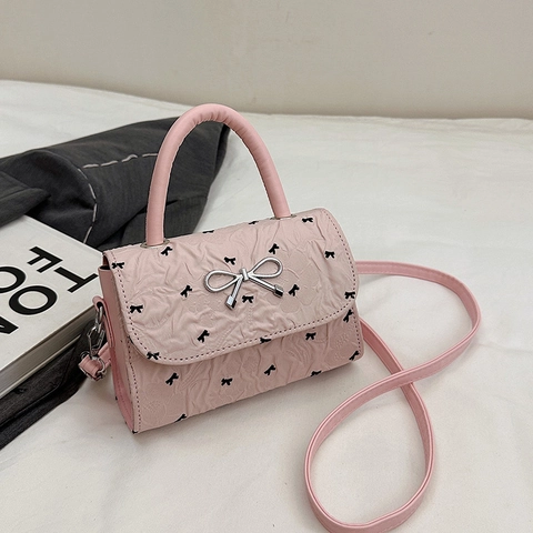 Women Bowknot Print Small Square Bag Fashion Pleated PU Leather Shoulder Bag Sweet Top Handle Crossbody Bag For Ladies Casual Everyday