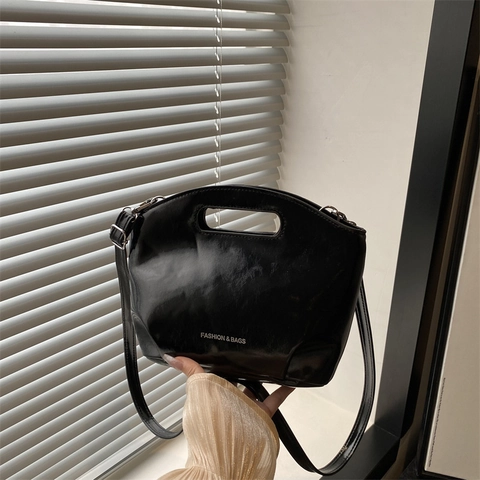 Women Fashion Glossy PU Leather Handbag With Hollow Handle Solid Color Letter Print Shoulder Bag Simple Trendy Crossbody Bag