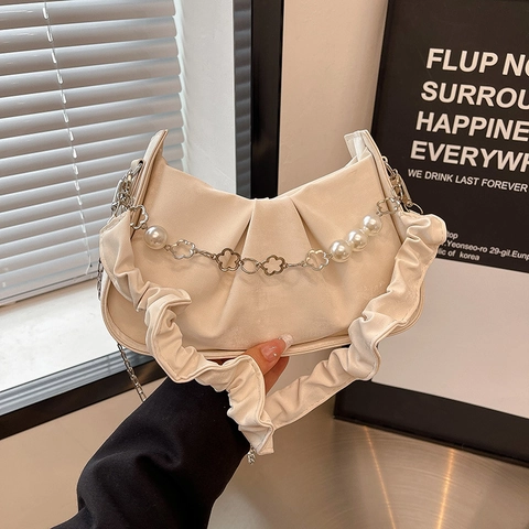 Women Ruched PU Leather Shoulder Bag Artificial Pearl Chain Flower Charm Cloud Underarm Fashion Versatile Crossbody Purse