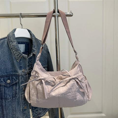 Crinkled Nylon Shoulder Bag Large Capacity Bowknot Decor Adjustable Wide Strap Casual Crossbody Tote Travel Bag Women