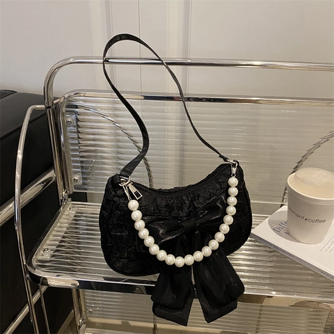 Elegant Hobo Shoulder Bag With Large Bow And Faux Artificial Pearl Strap Textured Jacquard Underarm Bag For Women