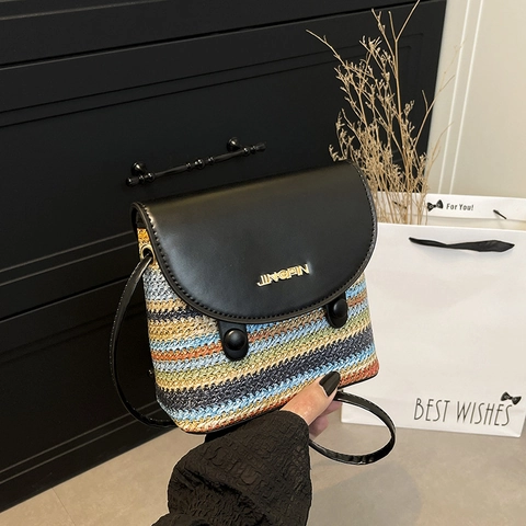 Women Rainbow Woven Shoulder Bag Colorful Straw Contrast PU Leather Patchwork Crossbody Mini Square Bag For Vacation Travel