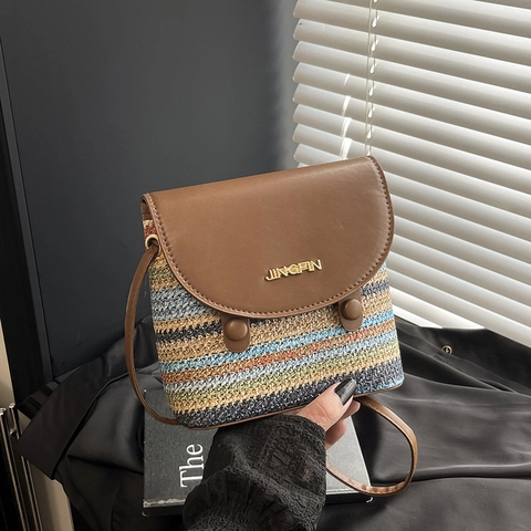 Women Rainbow Woven Shoulder Bag Colorful Straw Contrast PU Leather Patchwork Crossbody Mini Square Bag For Vacation Travel