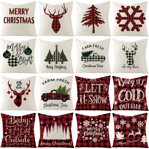 Federa Natale Lino Poliestere Buffalo Plaid Renna Fiocco Neve Camion Fodera Cuscino Decorazione Festa Nordica