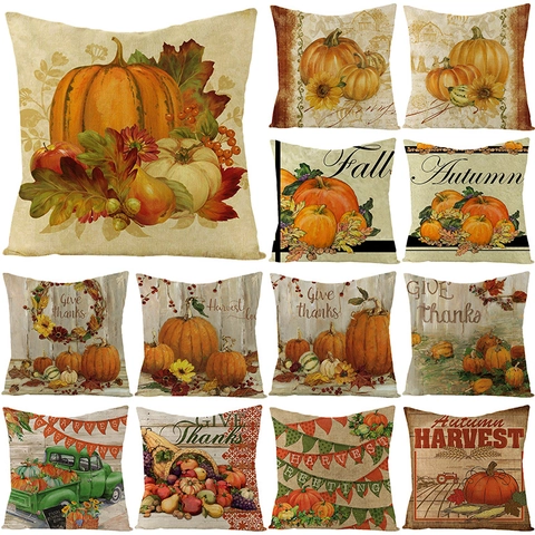 Thanksgiving Pumpkin Pillow Cover Autumn Harvest Cushion Case Sunflower Maple Leaf Polyester Linen Look Decorative Pillowcase