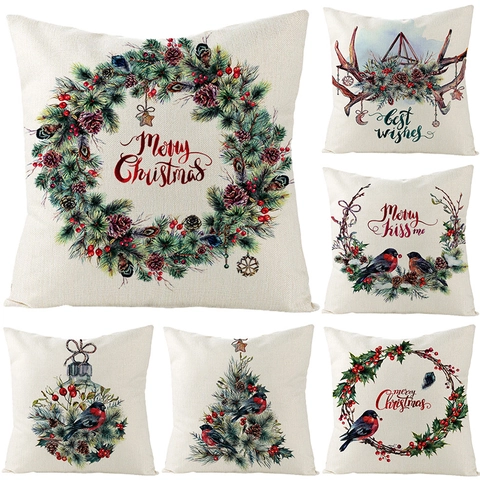 Funda de Cojín de Lino de Navidad Nórdica Acuarela Pájaro Piña de Pino Corona Funda de Almohada Decorativa Para Sofá Hogar