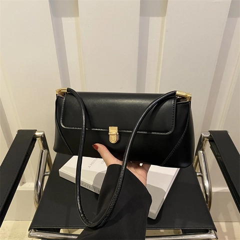 Women Niche Design Baguette Underarm Bag PU Leather Minimalist Single Shoulder Purse With Gold Metal Buckle Lock