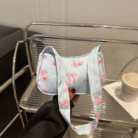 Floral Print Unterachsel Schultertasche Damen Rosen Schleife Muster Nylon Stoff Reißverschluss Casual Retro Hobo Handtasche