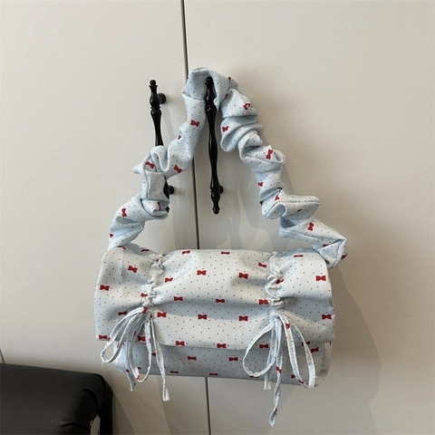 Borsa Sottobraccio da Donna alla Moda con Stampa a Fiocco e Tracolla con Volant Elegante Borsa a Spalla Increspata Casual Versatile in PU