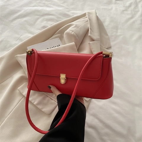Bolso de Axila Baguette de Cuero PU Estilo Vintage Francés para Mujer Gran Capacidad Color Sólido Bolso de Hombro Con Cierre