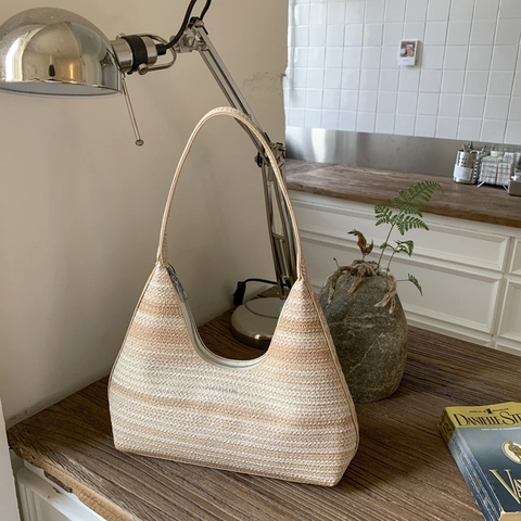 Frauen Regenbogen Gestreifte Gewebte Stroh Schultertasche Große Kapazität Hobo Achseltasche Für Strand Urlaub Casual Trendige Handtasche