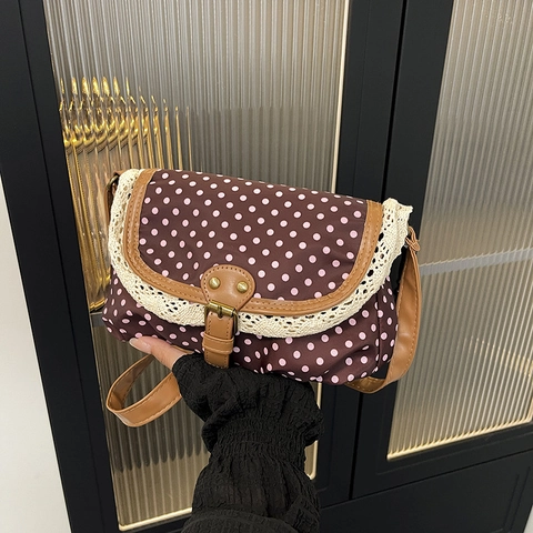 Polka Dot Crossbody Bag Vintage Lace Trim Polyester Flap Small Square Shoulder Purse Retro Sweet Style