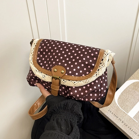 Women Retro Polka Dot Crossbody Bag With Lace Trim Vintage Polyester Shoulder Bag Small Square Flap Handbag For Ladies