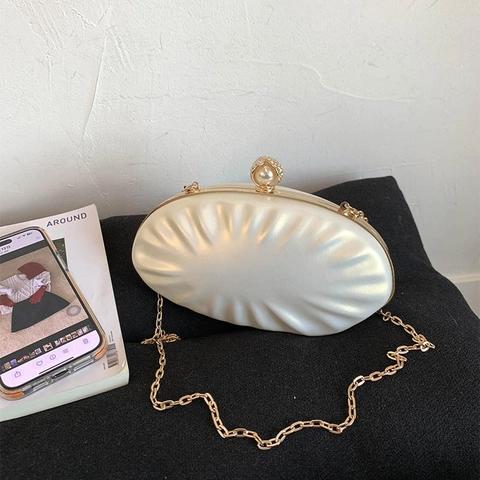 Borsa da Sera a Forma di Conchiglia Plissettata da Donna in Pelle PU Perla Artificial Strass Catena Tracolla per Matrimonio Festa