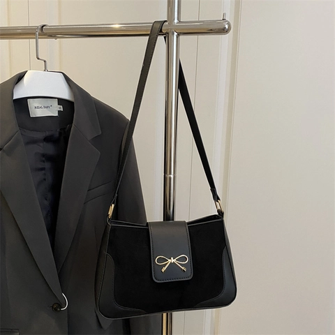 Women Shoulder Bag Suede Smooth PU Patchwork Gold Bow Buckle Underarm Bag For Commute Casual Minimalist Retro
