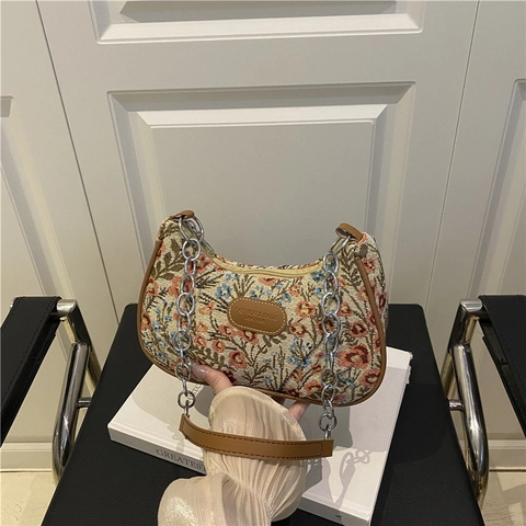 Borsa A Tracolla Da Donna In Canvas Con Stampa Floreale Catena Di Metallo Sottoascellare Vintage Pastorale Cuciture Messenger Satchel Per Abbinamento Quotidiano
