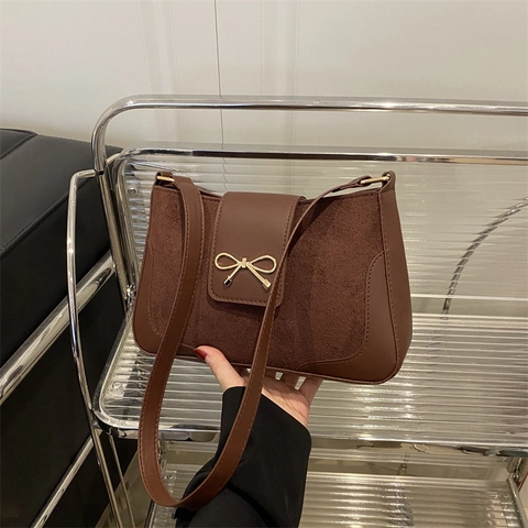 Women Shoulder Bag Suede Smooth PU Patchwork Gold Bow Buckle Underarm Bag For Commute Casual Minimalist Retro