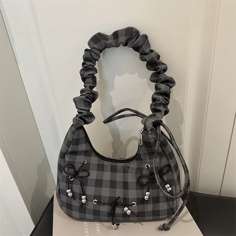 Women Gingham Ruffled Shoulder Bag Bowknot Beaded Underarm Bag Sweet Casual Hobo Bag Polyester Fabric Crossbody Bag