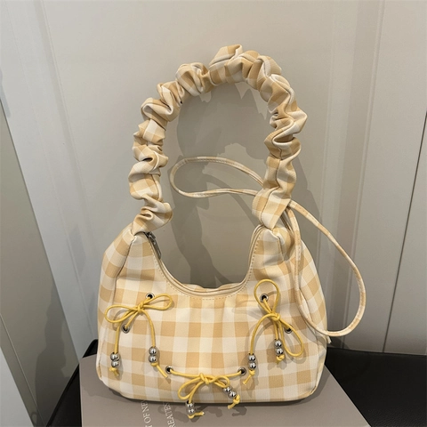 Women Gingham Ruffled Shoulder Bag Bowknot Beaded Underarm Bag Sweet Casual Hobo Bag Polyester Fabric Crossbody Bag