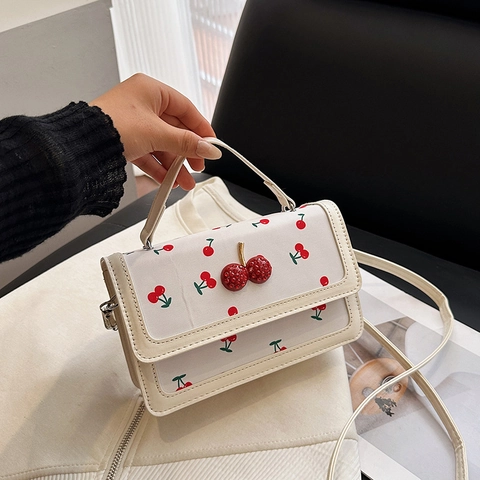 Süße Kirsche Druck PU Leder Kleine Quadratische Tasche Mit 3D Strass Dekoration Damen Handtasche Umhängetasche