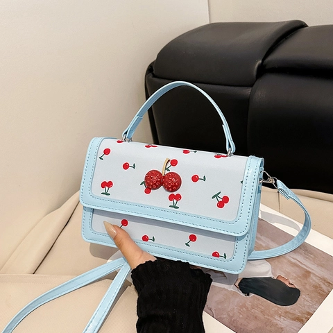 Süße Kirsche Druck PU Leder Kleine Quadratische Tasche Mit 3D Strass Dekoration Damen Handtasche Umhängetasche