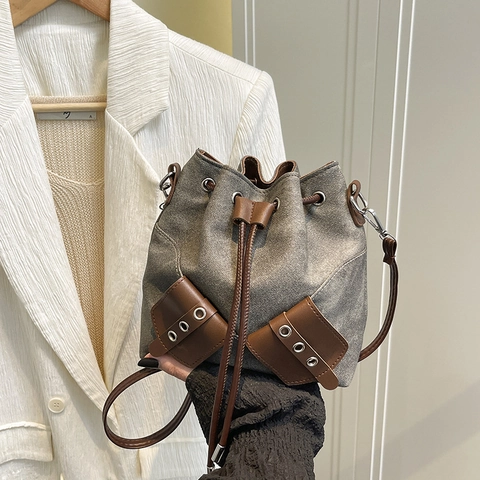 Borsa A Secchiello Donna Tela Pelle PU Patchwork Coulisse Retro Casual Spalla Borsa A Tracolla Con Tasche Decorative