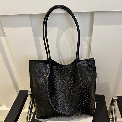 Women Large Capacity Woven Tote Bag Set With Matching Pouch Minimalist PU Leather Shoulder Bag Daily Commuting Shopping Bag