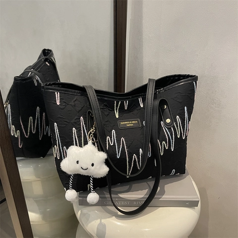 Bolso Tote de PU para Mujer Minimalista Urbano Costuras de Ondas Bordado Gran Capacidad Viaje Diario Hombro Bolso de Axila Bolso Escolar Casual para Mujer