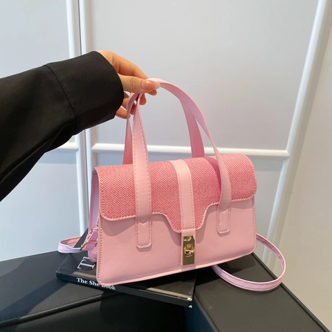 Bolso Bandolera De Patchwork Mujer Cuero PU Textura Tejida Color De Contraste Bolso Cuadrado Chic Con Cierre Metálico
