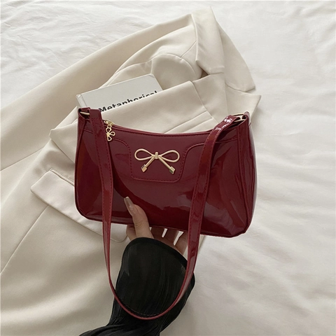 Women's Minimalist Patent PU Leather Underarm Bag Glossy Bow Decoration Large Capacity Shoulder Bag Solid Color Commuter Handbag