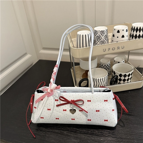 Damen Süß Schleife Baguette Schultertasche PU Leder Punktmuster Achseltasche Mit Herzanhänger Band Dekoration Büro Handtasche